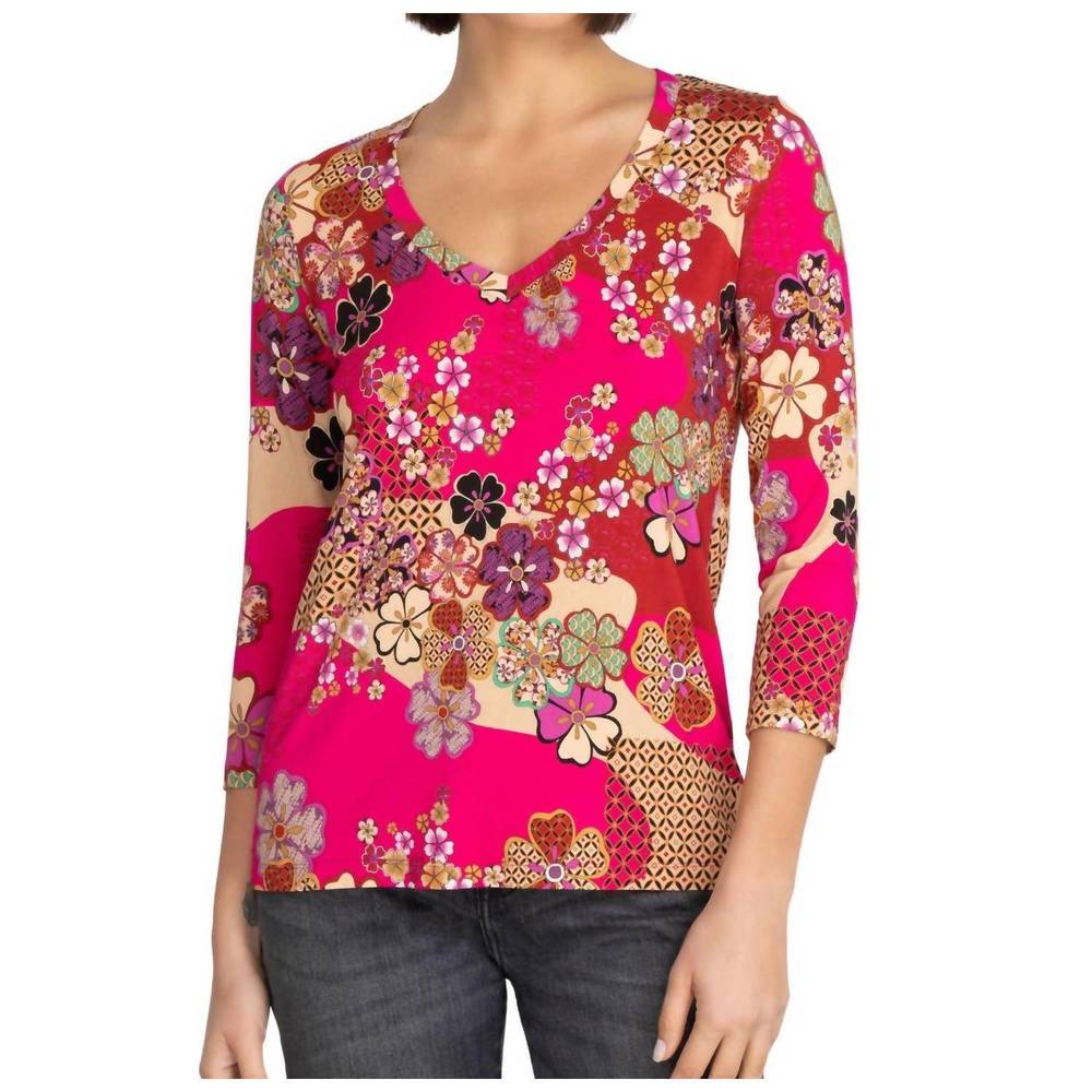 NEW JOHNNY WAS yama favorite 3/4 sleeve v‑neck swing tee in multi